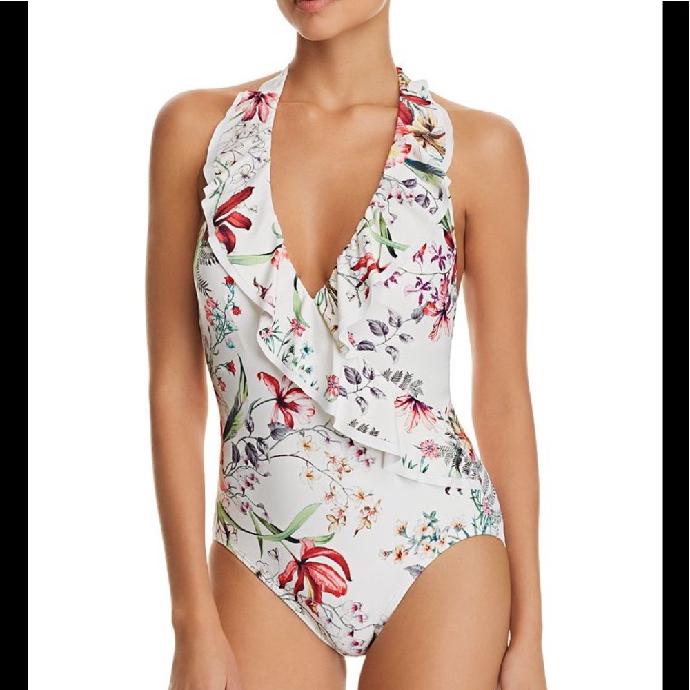 NWT Carmen Marc Valvo Botanical Halter Swimsuit 10